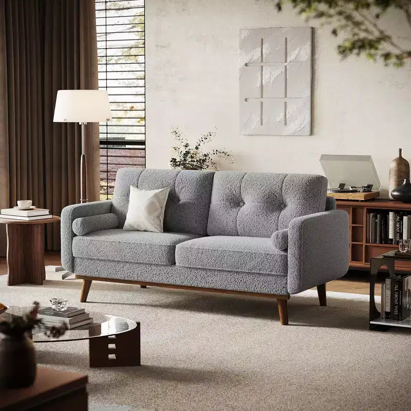65 Loveseat Sofa, Mid-Century Modern Couch, bequemes Zweiersofa für Wohnzimmer, Leinen-Polstersofa für Schlafzimmer, kleine Räume, Beige Creme
