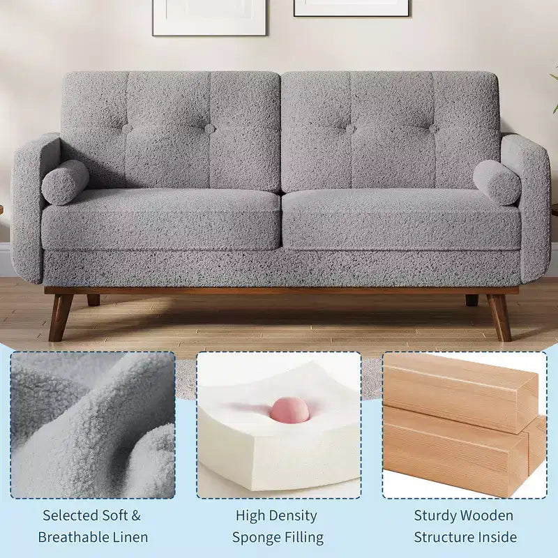 65 Loveseat Sofa, Mid-Century Modern Couch, bequemes Zweiersofa für Wohnzimmer, Leinen-Polstersofa für Schlafzimmer, kleine Räume, Beige Creme
