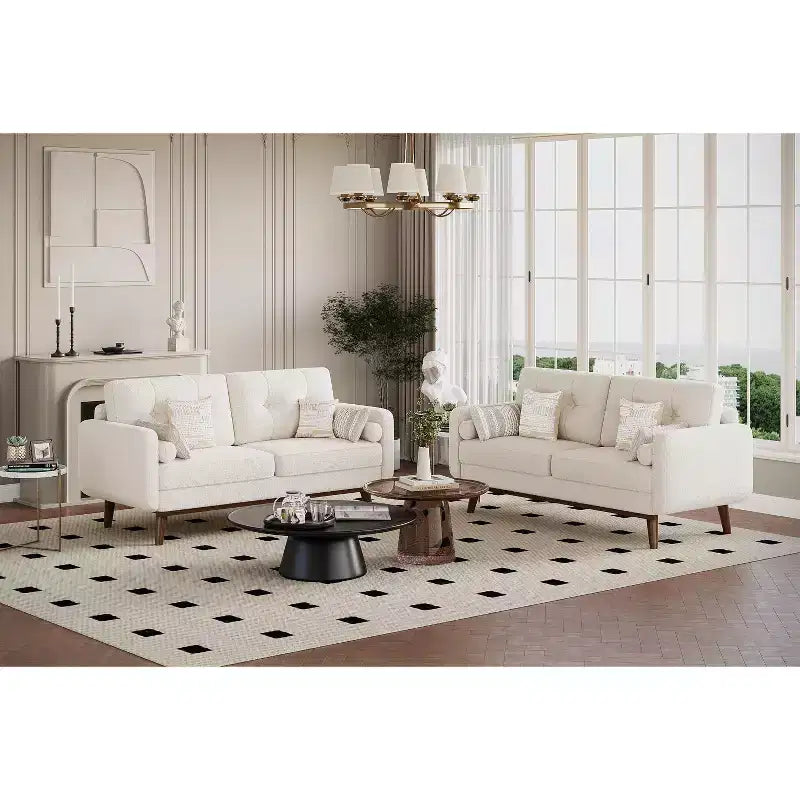 65 Loveseat Sofa, Mid-Century Modern Couch, bequemes Zweiersofa für Wohnzimmer, Leinen-Polstersofa für Schlafzimmer, kleine Räume, Beige Creme