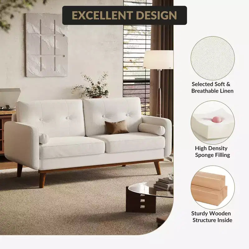65 Loveseat Sofa, Mid-Century Modern Couch, bequemes Zweiersofa für Wohnzimmer, Leinen-Polstersofa für Schlafzimmer, kleine Räume, Beige Creme