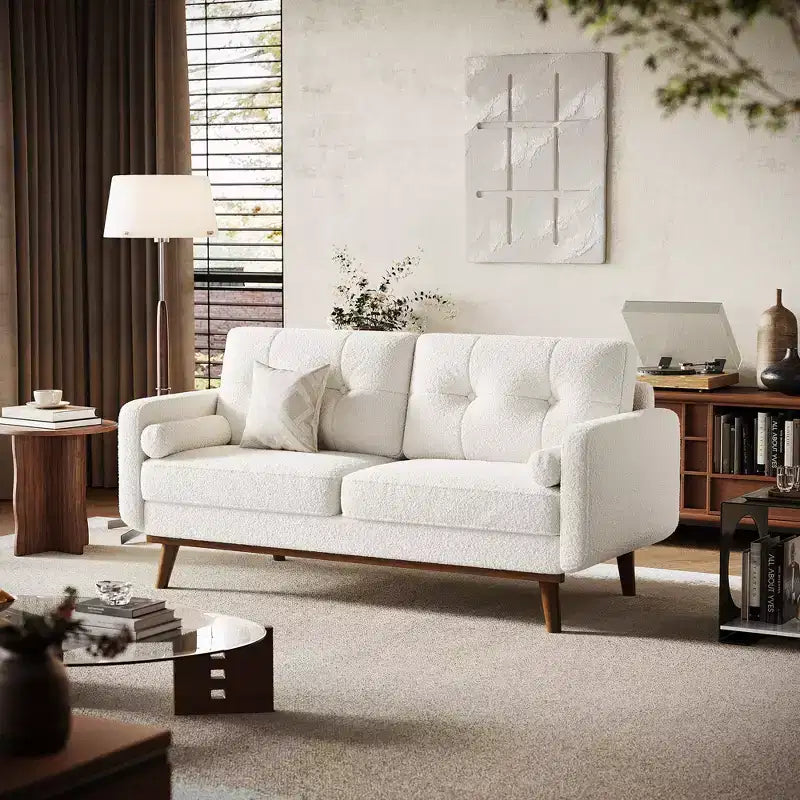 65 Loveseat Sofa, Mid-Century Modern Couch, bequemes Zweiersofa für Wohnzimmer, Leinen-Polstersofa für Schlafzimmer, kleine Räume, Beige Creme