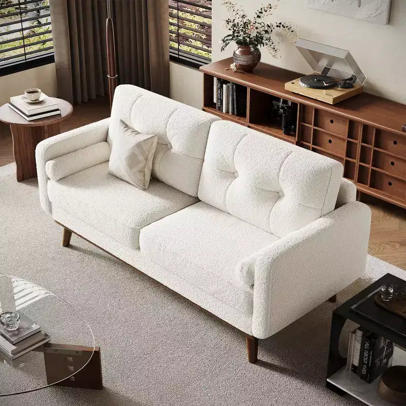65 Loveseat Sofa, Mid-Century Modern Couch, bequemes Zweiersofa für Wohnzimmer, Leinen-Polstersofa für Schlafzimmer, kleine Räume, Beige Creme