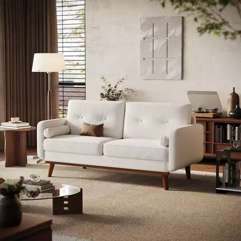 65 Loveseat Sofa, Mid-Century Modern Couch, bequemes Zweiersofa für Wohnzimmer, Leinen-Polstersofa für Schlafzimmer, kleine Räume, Beige Creme