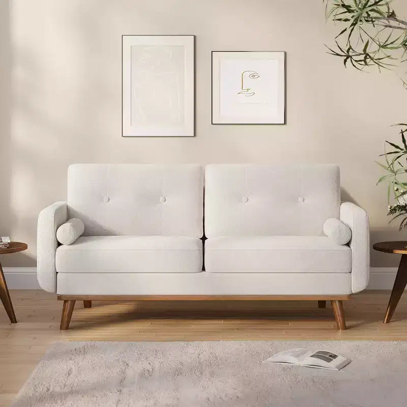 65 Loveseat Sofa, Mid-Century Modern Couch, bequemes Zweiersofa für Wohnzimmer, Leinen-Polstersofa für Schlafzimmer, kleine Räume, Beige Creme