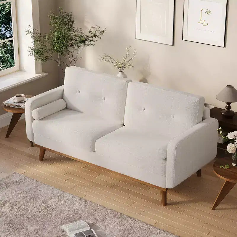 65 Loveseat Sofa, Mid-Century Modern Couch, bequemes Zweiersofa für Wohnzimmer, Leinen-Polstersofa für Schlafzimmer, kleine Räume, Beige Creme