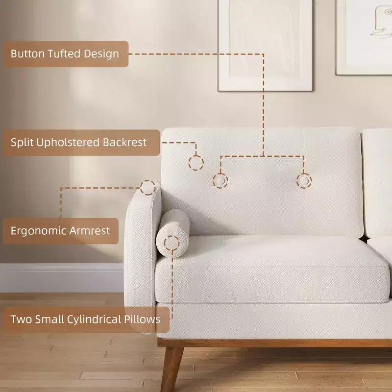 65 Loveseat Sofa, Mid-Century Modern Couch, bequemes Zweiersofa für Wohnzimmer, Leinen-Polstersofa für Schlafzimmer, kleine Räume, Beige Creme