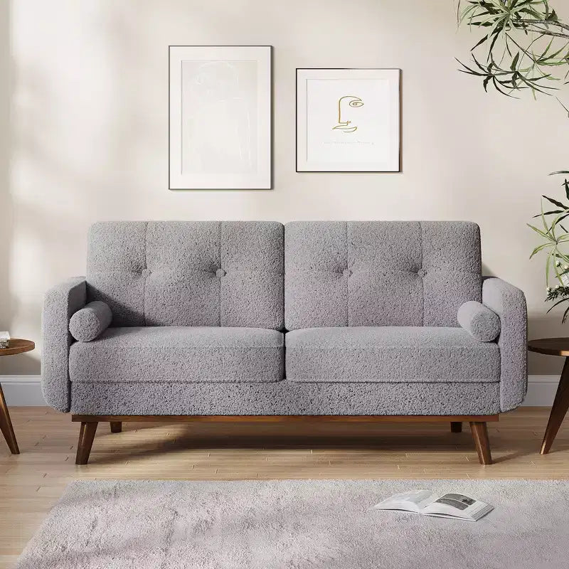 65 Loveseat Sofa, Mid-Century Modern Couch, bequemes Zweiersofa für Wohnzimmer, Leinen-Polstersofa für Schlafzimmer, kleine Räume, Beige Creme