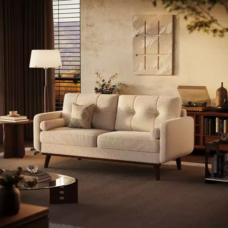 65 Loveseat Sofa, Mid-Century Modern Couch, bequemes Zweiersofa für Wohnzimmer, Leinen-Polstersofa für Schlafzimmer, kleine Räume, Beige Creme