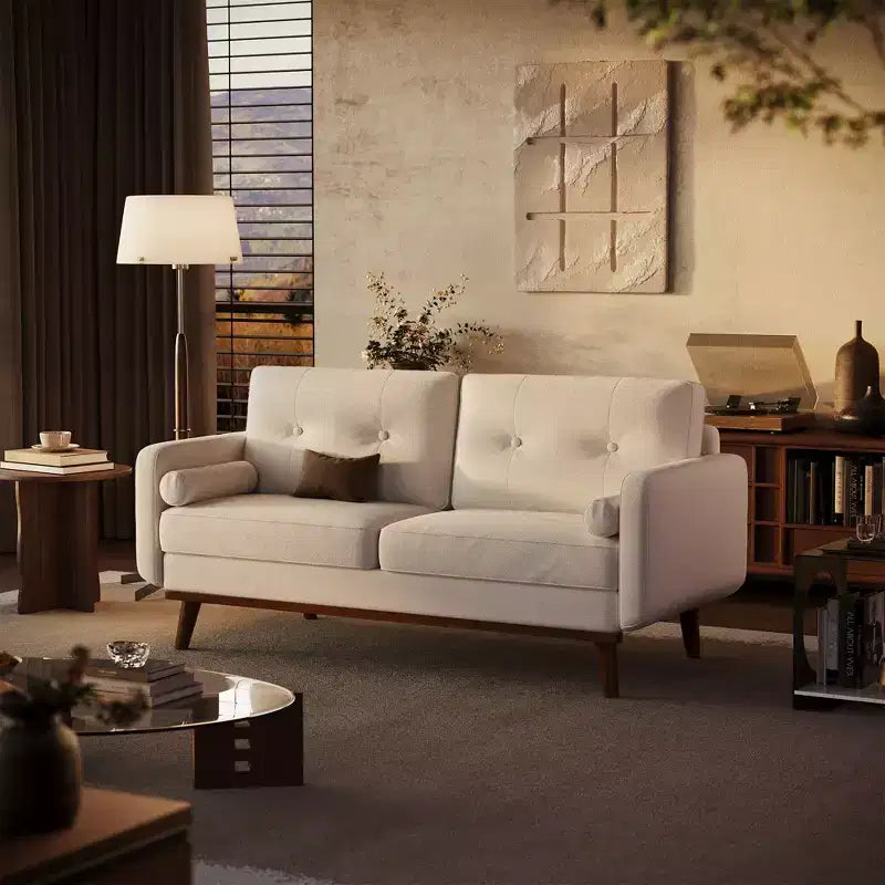 65 Loveseat Sofa, Mid-Century Modern Couch, bequemes Zweiersofa für Wohnzimmer, Leinen-Polstersofa für Schlafzimmer, kleine Räume, Beige Creme