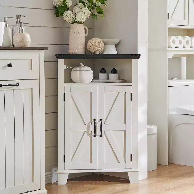 Dcolora Corner Bathroom Cabinet, Farmhouse Small Corner Cabinet with Barn Door