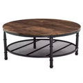 31.89in Double-layer Round Fire-burned Wood PVC Density Board Panel, Black Base with Silver Pattern Powder-coated Iron Frame Coffee Table