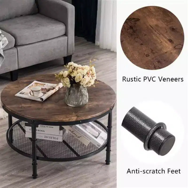 81 cm Runder Doppelschichtiger Feuergebrannter Holz-PVC-Dichteplatte, Schwarze Basis mit Silbermuster Pulverbeschichteter Eisenrahmen Couchtisch