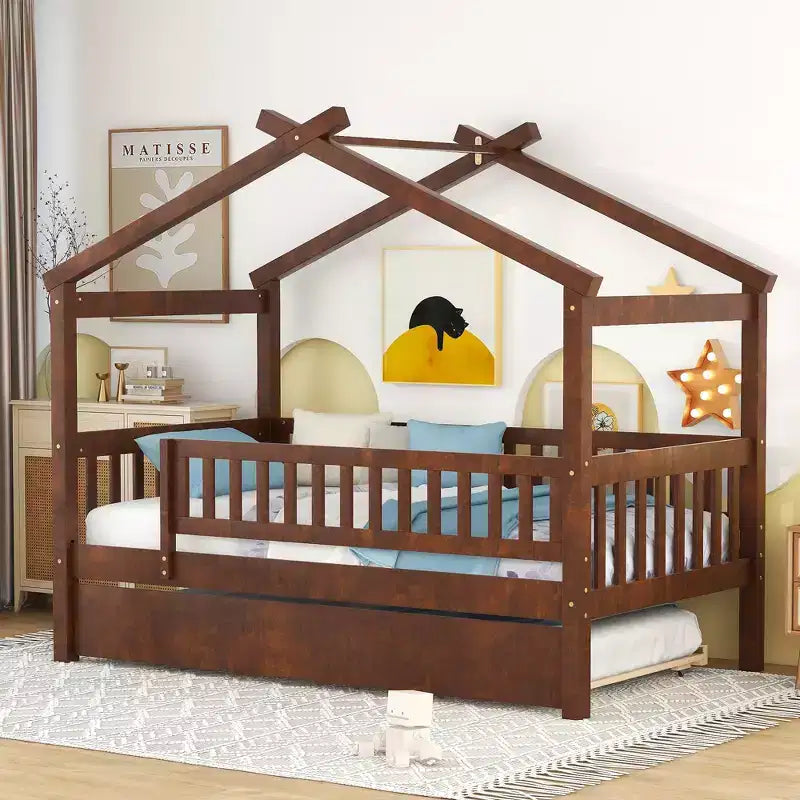 Bellemave Twin Size House Bed with Trundle, Montessori Style Bed with Guardrails for Kids, Boys, Girls, Brown