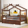 Bellemave Twin Size House Bed with Trundle, Montessori Style Bed with Guardrails for Kids, Boys, Girls, Brown