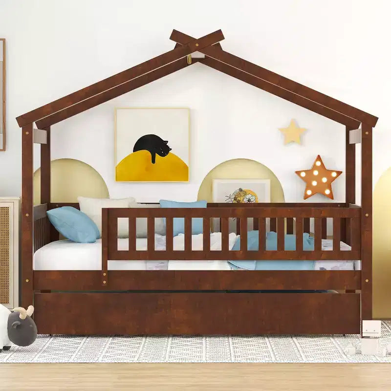 Bellemave Hausbett in Twin-Größe mit Ausziehbett, Montessori-Stil Bett mit Rausfallschutz für Kinder, Jungen, Mädchen, Braun