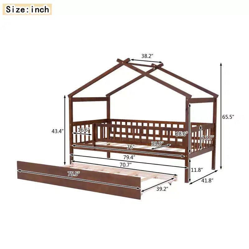 Bellemave Hausbett in Twin-Größe mit Ausziehbett, Montessori-Stil Bett mit Rausfallschutz für Kinder, Jungen, Mädchen, Braun