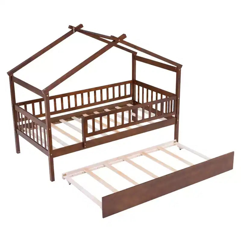 Bellemave Hausbett in Twin-Größe mit Ausziehbett, Montessori-Stil Bett mit Rausfallschutz für Kinder, Jungen, Mädchen, Braun