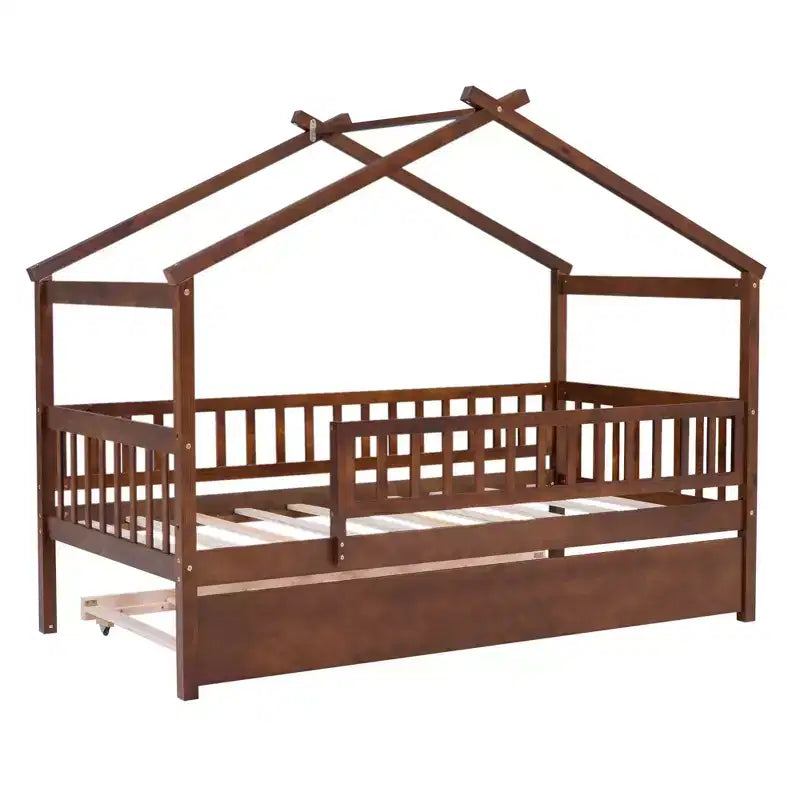Bellemave Hausbett in Twin-Größe mit Ausziehbett, Montessori-Stil Bett mit Rausfallschutz für Kinder, Jungen, Mädchen, Braun