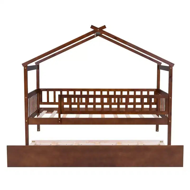 Bellemave Hausbett in Twin-Größe mit Ausziehbett, Montessori-Stil Bett mit Rausfallschutz für Kinder, Jungen, Mädchen, Braun