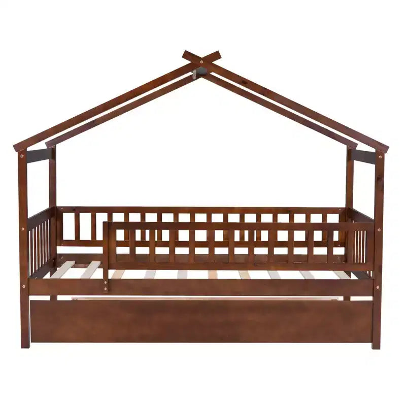 Bellemave Hausbett in Twin-Größe mit Ausziehbett, Montessori-Stil Bett mit Rausfallschutz für Kinder, Jungen, Mädchen, Braun
