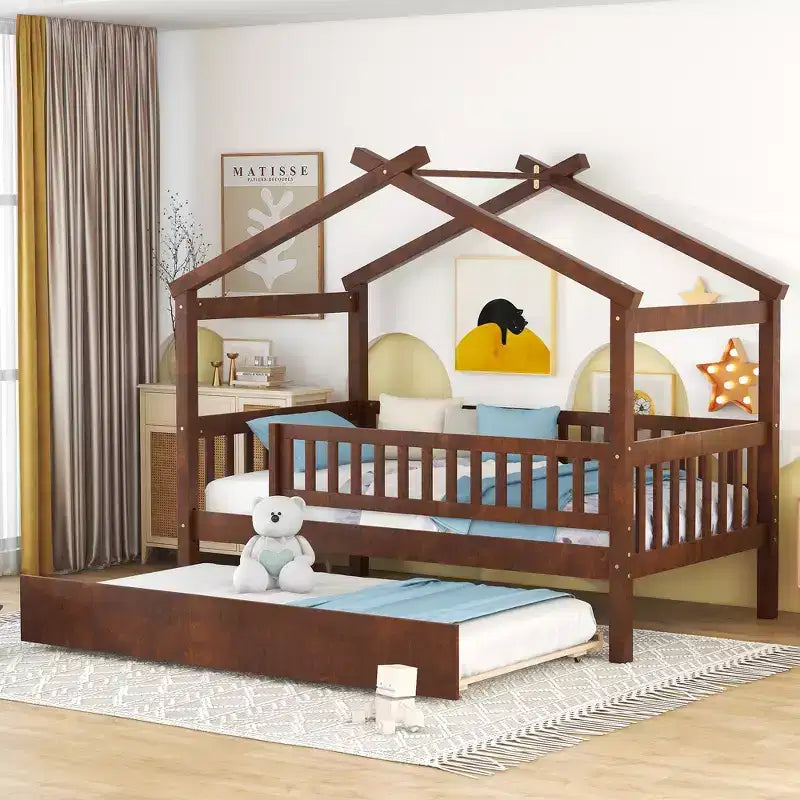 Bellemave Hausbett in Twin-Größe mit Ausziehbett, Montessori-Stil Bett mit Rausfallschutz für Kinder, Jungen, Mädchen, Braun