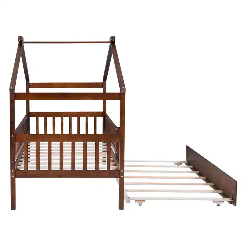 Bellemave Hausbett in Twin-Größe mit Ausziehbett, Montessori-Stil Bett mit Rausfallschutz für Kinder, Jungen, Mädchen, Braun