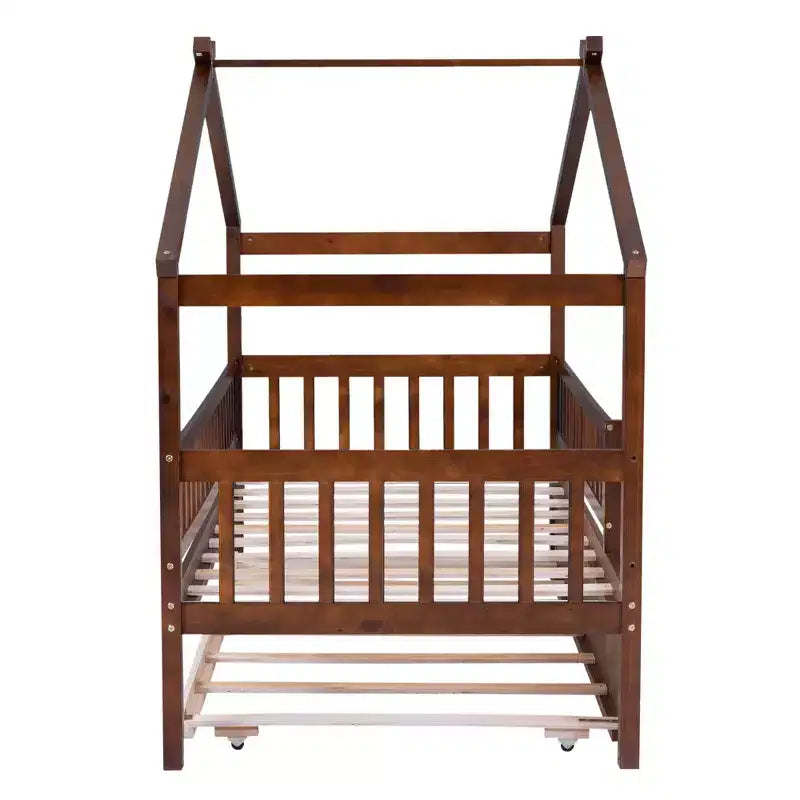 Bellemave Hausbett in Twin-Größe mit Ausziehbett, Montessori-Stil Bett mit Rausfallschutz für Kinder, Jungen, Mädchen, Braun