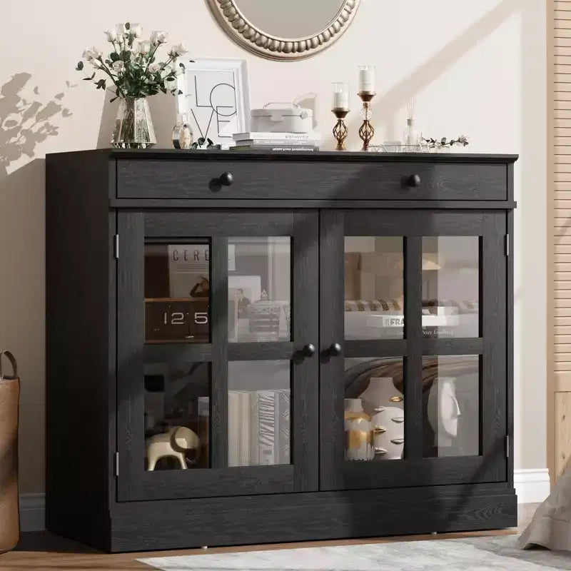 Kitchen Storage Cabinet, 2 Glass Door Buffet Sideboard with a Large Storage Drawer, with Adjustable Shelf for Dining Room, Kitchen, Entryway