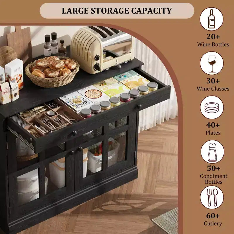 Küchenaufbewahrungsschrank, Buffet-Anrichte mit 2 Glastüren und einer großen Aufbewahrungsschublade, mit verstellbarem Regal für Esszimmer, Küche, Eingangsbereich