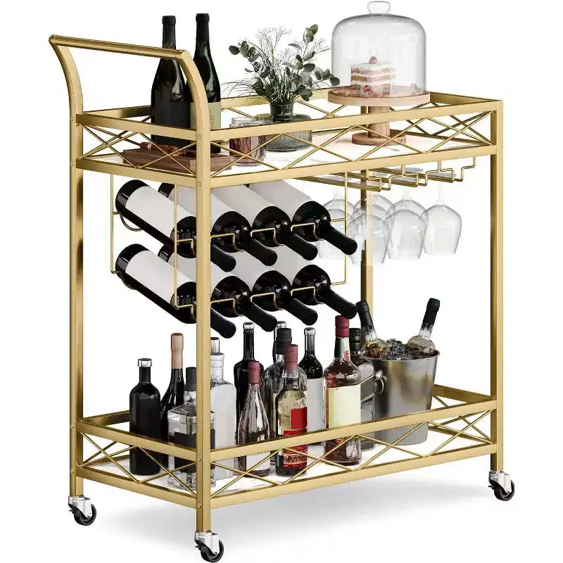 CuisinSmart 2-Tiers Bar Carts, Mobile Kitchen Seving Carts with Wine Rack and Glass Holder, 2-Tiers Storage Shelves Seving Carts