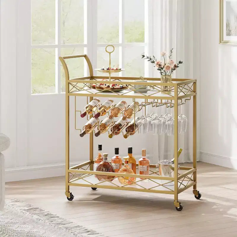 CuisinSmart 2-stöckiger Barwagen, mobiler Küchenservierwagen mit Weinregal und Glashalter, 2-stöckiger Servierwagen mit Ablageflächen