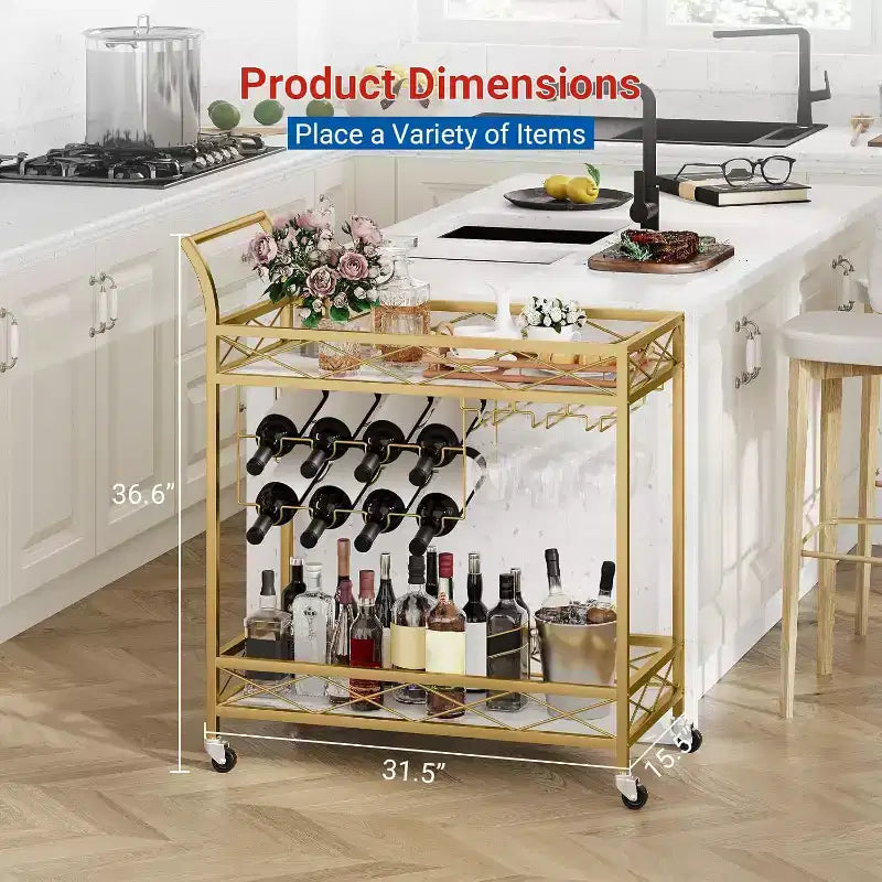 CuisinSmart 2-stöckiger Barwagen, mobiler Küchenservierwagen mit Weinregal und Glashalter, 2-stöckiger Servierwagen mit Ablageflächen