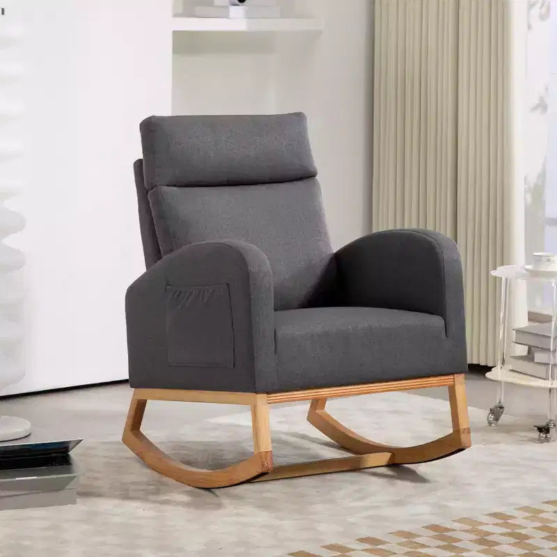 Rocking Chair Nursery Glider Chair, Upholstered Rocking Chair for Nursery with Rubber Wood Legs, Comfy High Backrest, Side Pockets, Armchair