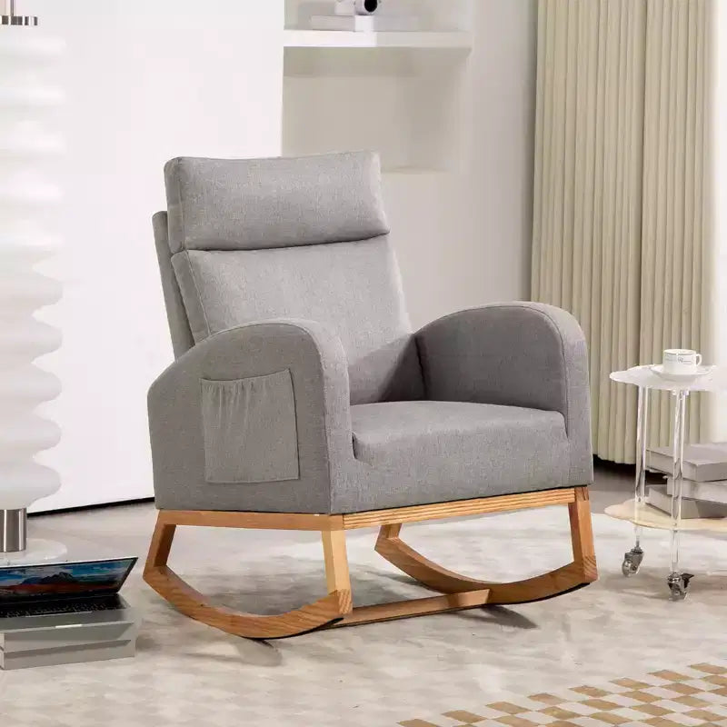 Schaukelstuhl, Sessel für das Kinderzimmer, Polsterschaukelstuhl für das Kinderzimmer mit Gummibaumholzbeinen, bequemer hoher Rückenlehne, Seitentaschen, Ohrensessel