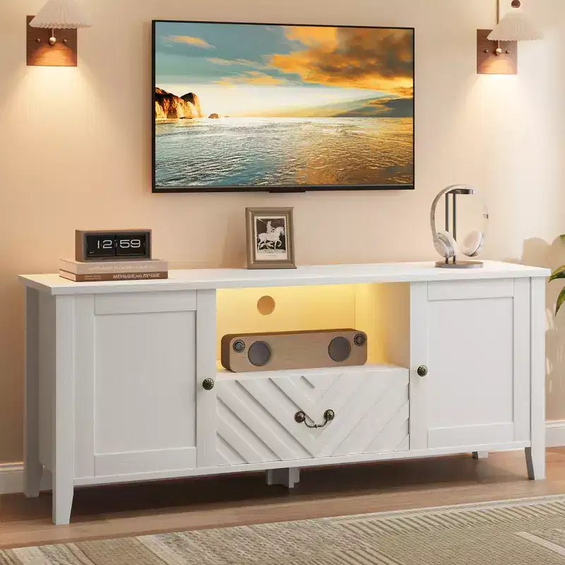 COZONY TV-Ständer mit LED-Beleuchtung, geformter Retro-TV-Konsolentisch mit 2 Ablagefächern und 1 Schublade, Unterhaltungszentrum für das Wohnzimmer