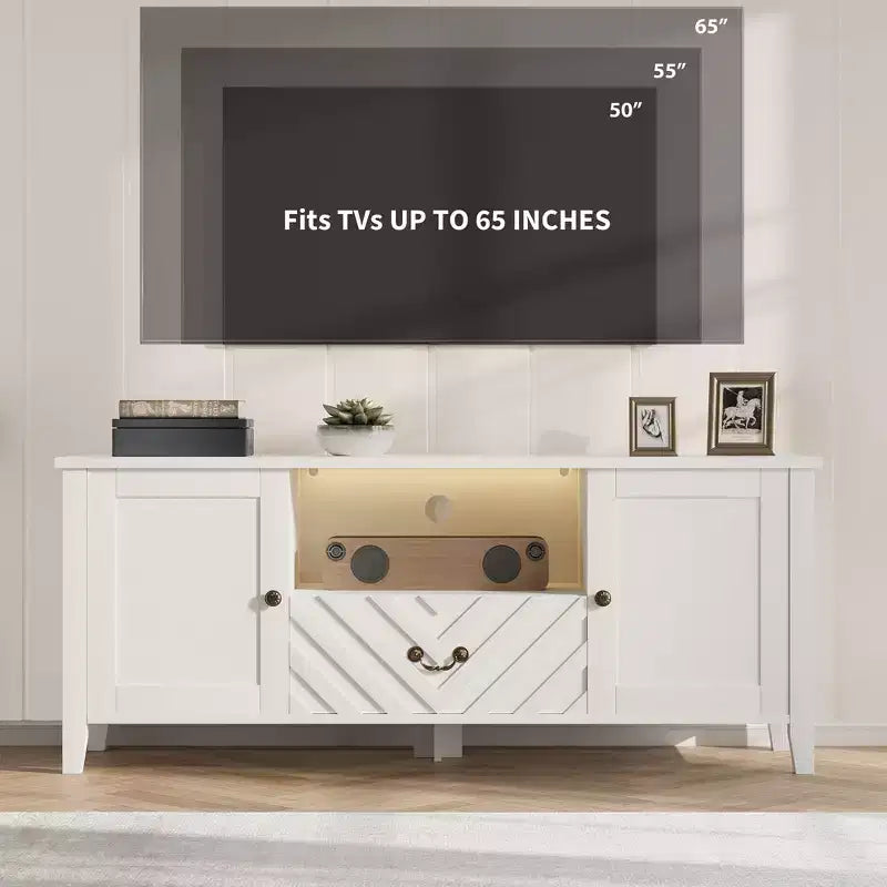 COZONY TV-Ständer mit LED-Beleuchtung, geformter Retro-TV-Konsolentisch mit 2 Ablagefächern und 1 Schublade, Unterhaltungszentrum für das Wohnzimmer