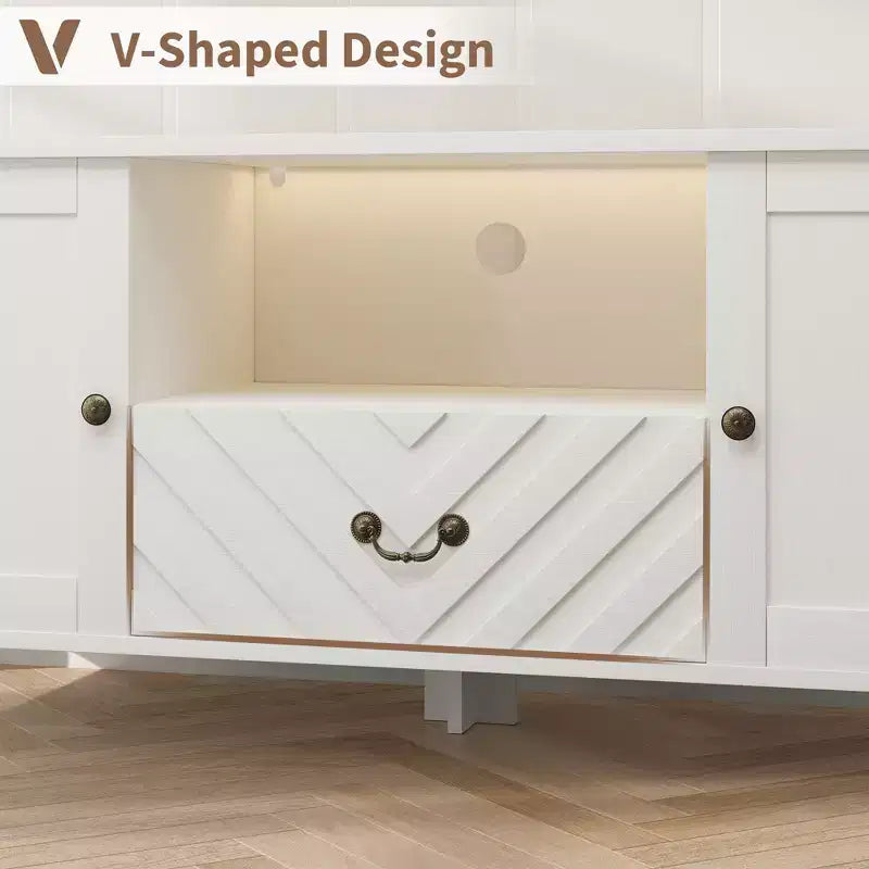 COZONY TV-Ständer mit LED-Beleuchtung, geformter Retro-TV-Konsolentisch mit 2 Ablagefächern und 1 Schublade, Unterhaltungszentrum für das Wohnzimmer