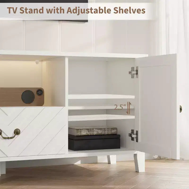COZONY TV-Ständer mit LED-Beleuchtung, geformter Retro-TV-Konsolentisch mit 2 Ablagefächern und 1 Schublade, Unterhaltungszentrum für das Wohnzimmer