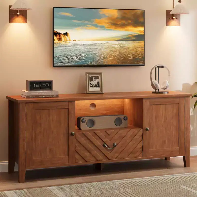 COZONY TV-Ständer mit LED-Beleuchtung, geformter Retro-TV-Konsolentisch mit 2 Ablagefächern und 1 Schublade, Unterhaltungszentrum für das Wohnzimmer