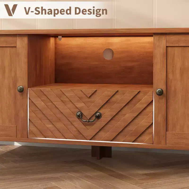 COZONY TV-Ständer mit LED-Beleuchtung, geformter Retro-TV-Konsolentisch mit 2 Ablagefächern und 1 Schublade, Unterhaltungszentrum für das Wohnzimmer