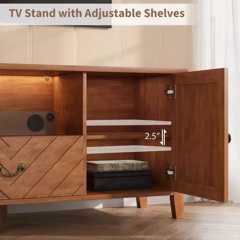 COZONY TV-Ständer mit LED-Beleuchtung, geformter Retro-TV-Konsolentisch mit 2 Ablagefächern und 1 Schublade, Unterhaltungszentrum für das Wohnzimmer