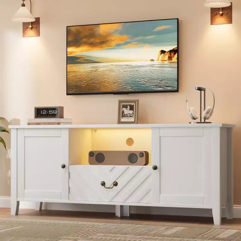 COZONY TV-Ständer mit LED-Beleuchtung, geformter Retro-TV-Konsolentisch mit 2 Ablagefächern und 1 Schublade, Unterhaltungszentrum für das Wohnzimmer