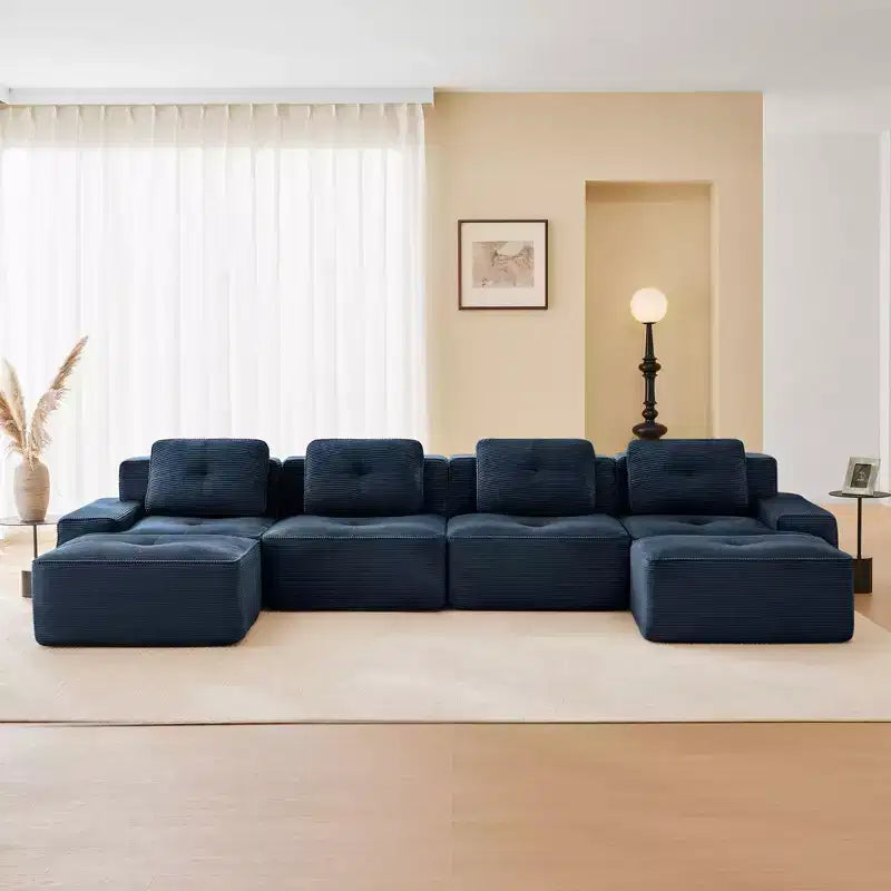 153 Modernes U-förmiges modulares Ecksofa für Wohnzimmer, Cordstoff, 4-Sitzer-Couch mit tiefer Sitzfläche und 2 beweglichen Ottomanen, Camel