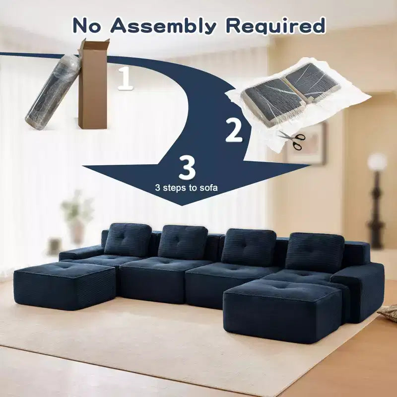 153 Modernes U-förmiges modulares Ecksofa für Wohnzimmer, Cordstoff, 4-Sitzer-Couch mit tiefer Sitzfläche und 2 beweglichen Ottomanen, Camel