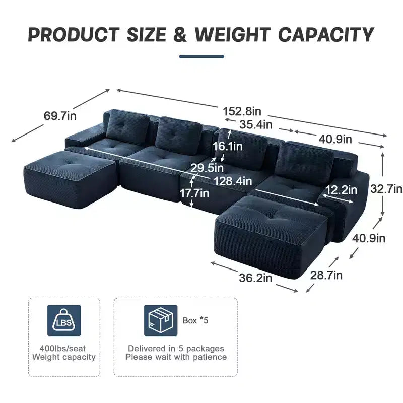 153 Modernes U-förmiges modulares Ecksofa für Wohnzimmer, Cordstoff, 4-Sitzer-Couch mit tiefer Sitzfläche und 2 beweglichen Ottomanen, Camel