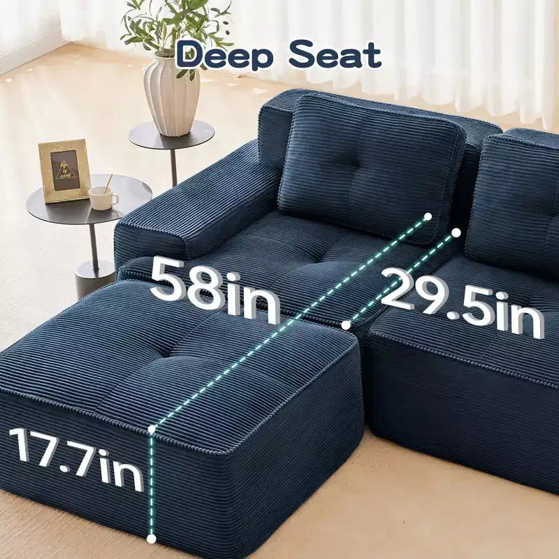 153 Modernes U-förmiges modulares Ecksofa für Wohnzimmer, Cordstoff, 4-Sitzer-Couch mit tiefer Sitzfläche und 2 beweglichen Ottomanen, Camel