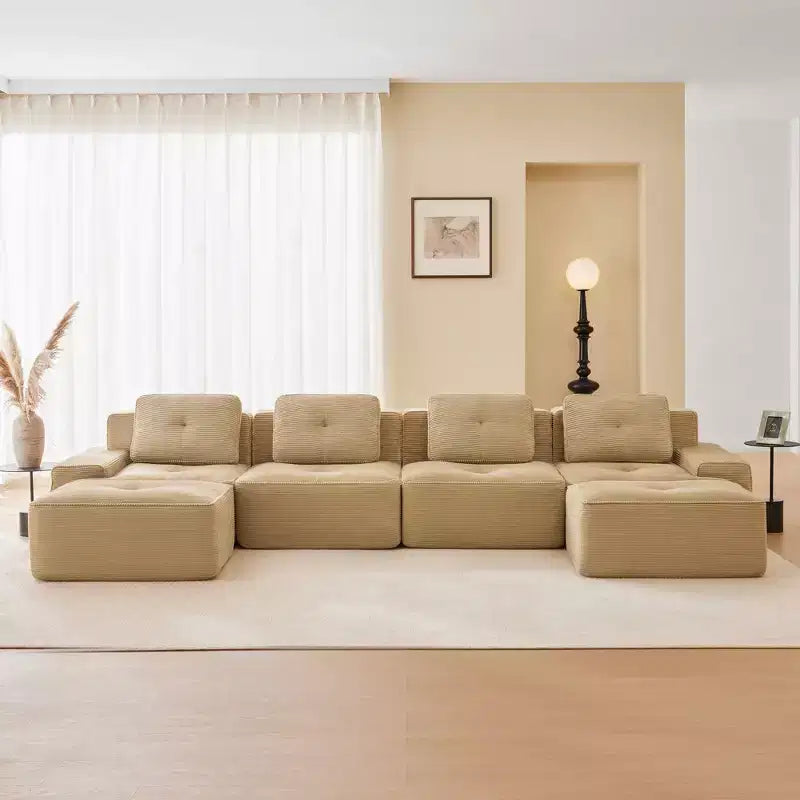 153 Modernes U-förmiges modulares Ecksofa für Wohnzimmer, Cordstoff, 4-Sitzer-Couch mit tiefer Sitzfläche und 2 beweglichen Ottomanen, Camel