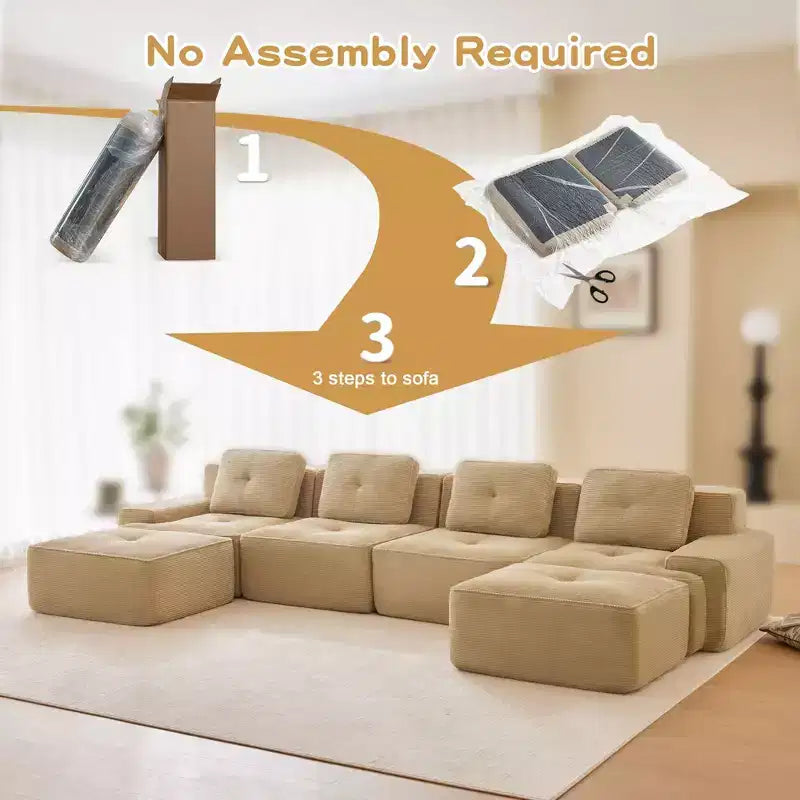 153 Modernes U-förmiges modulares Ecksofa für Wohnzimmer, Cordstoff, 4-Sitzer-Couch mit tiefer Sitzfläche und 2 beweglichen Ottomanen, Camel