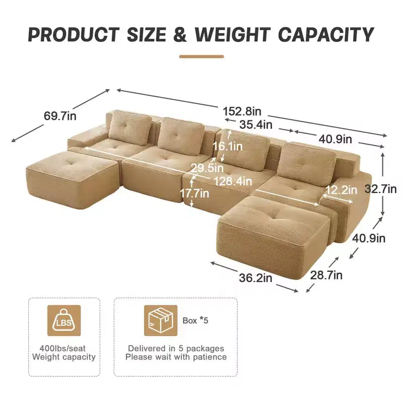 153 Modernes U-förmiges modulares Ecksofa für Wohnzimmer, Cordstoff, 4-Sitzer-Couch mit tiefer Sitzfläche und 2 beweglichen Ottomanen, Camel
