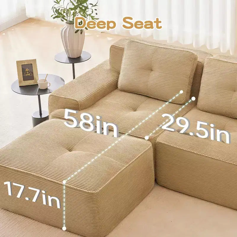 153 Modernes U-förmiges modulares Ecksofa für Wohnzimmer, Cordstoff, 4-Sitzer-Couch mit tiefer Sitzfläche und 2 beweglichen Ottomanen, Camel